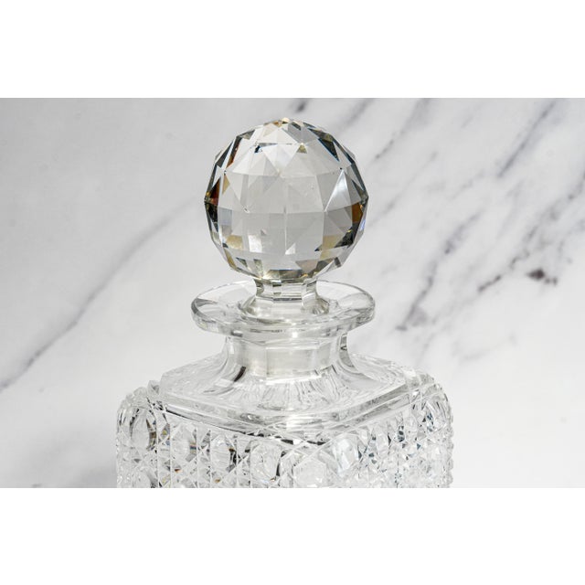 English Dazzling Large Heavy Antique Cut Crystal Decanter Faceted Sphere Stopper Starburst Barware Luxury Home Decor For Sale - Image 3 of 14