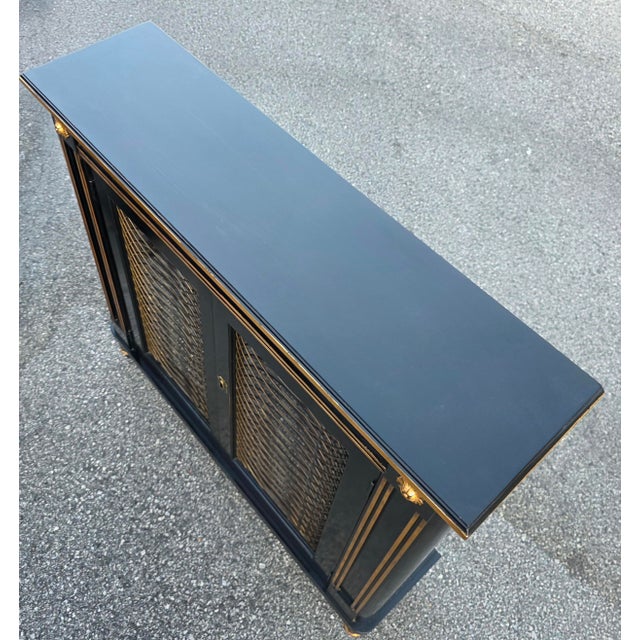 Black Late 20th Century Pair of Baker Furniture Neoclassical Black Lacquer and Gilt Cabinets With Decorative Wire-Mesh Grille Doors For Sale - Image 8 of 17