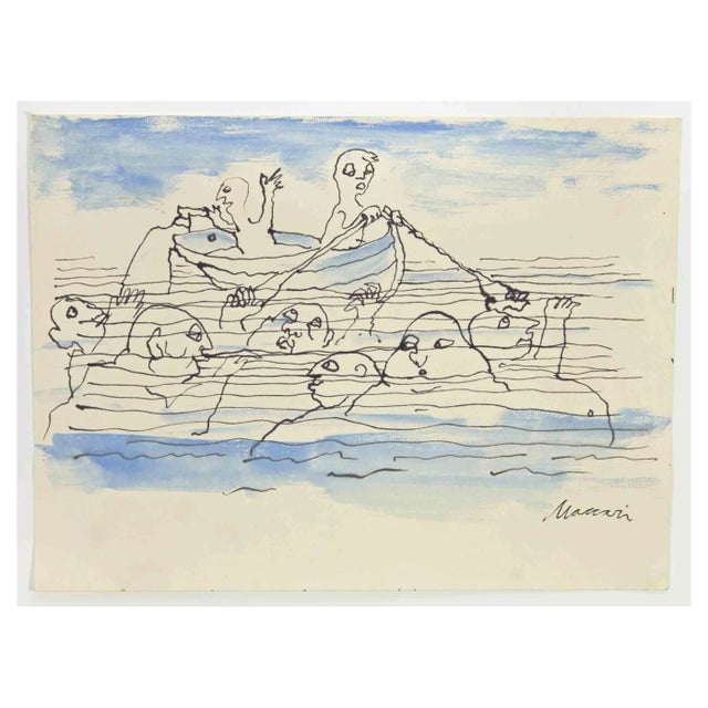 Mino Maccari, Shipwrecks, Ink Drawing, 1960s For Sale