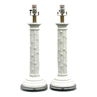 Vintage Boho Glazed Ceramic Bamboo Lamps - a Pair For Sale