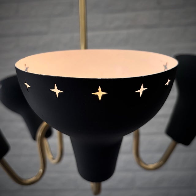 Metal Scandinavian Modernist Five Arms Chandelier in Steel and Brass, Sweden, 1950s For Sale - Image 7 of 13