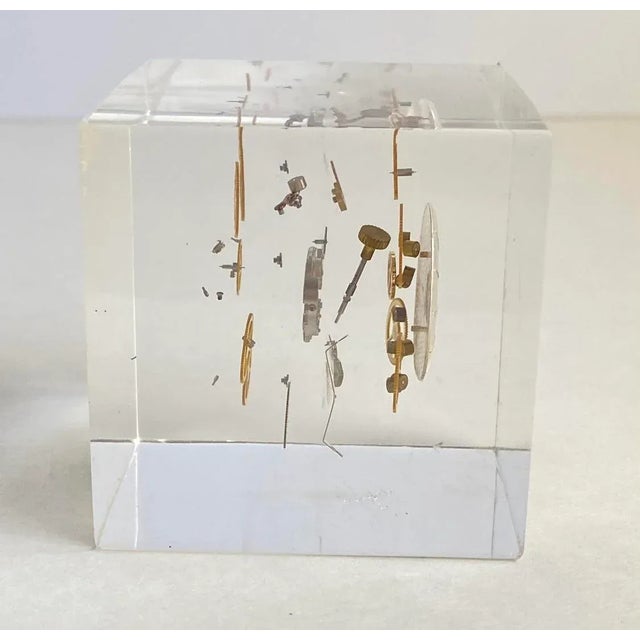 Mid 20th Century Vintage 70s Lucite Cube Paperweight by Pierre Giraudon Exploding Watch Parts in Resin For Sale - Image 5 of 11