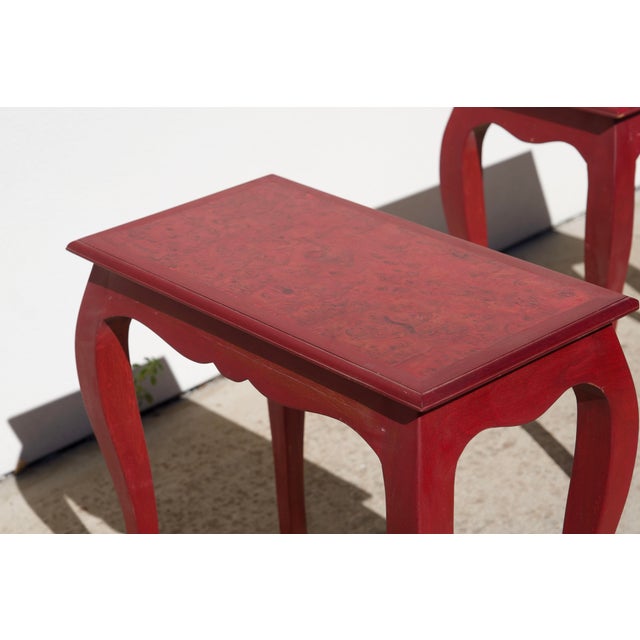 Pair of Handcrafted Louis XV-Style End Tables in Mahogany With Elm Burl Tops For Sale - Image 13 of 16