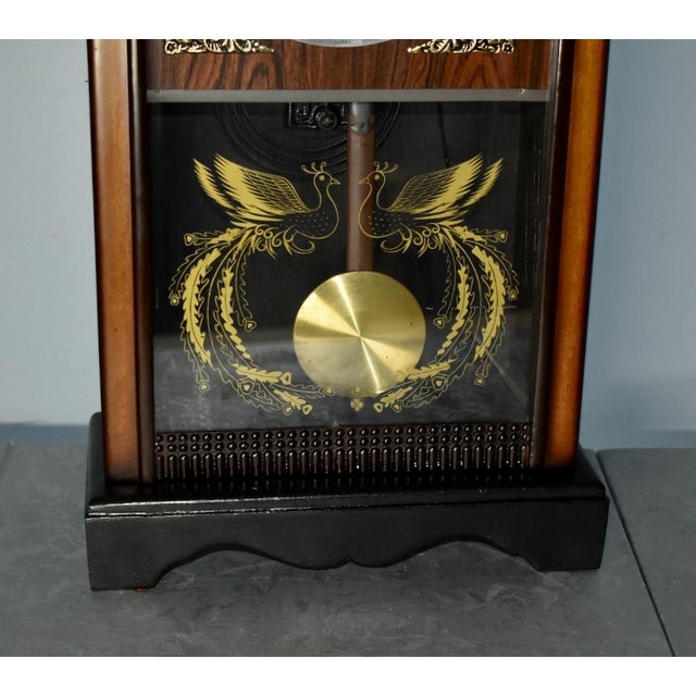 Vintage (1990's) Wall/Mantel Clock has a Regency Style. Made by Alaron. Wood Case, Etched Glass w/Swans, Pendulum, Key,...