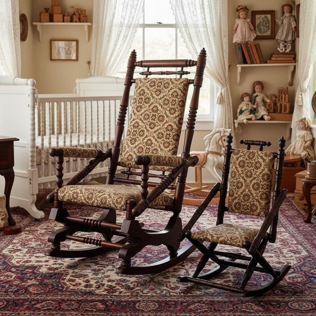 Antique Victorian Mother Child Rocking Chair Set-Spindle Wood-Pair-Nursery-Farm For Sale - Image 6 of 11
