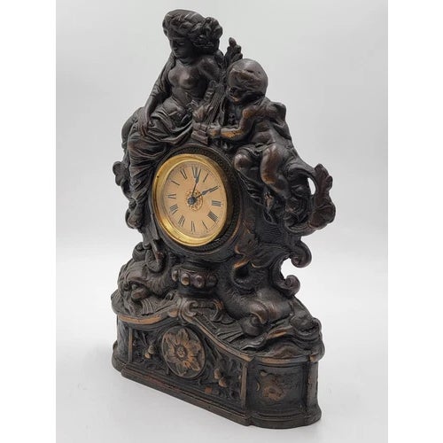 Metal Large 18" Antique Cast Iron & Copper Mantle Clock Cherubs & Harps c.1906. For Sale - Image 7 of 14