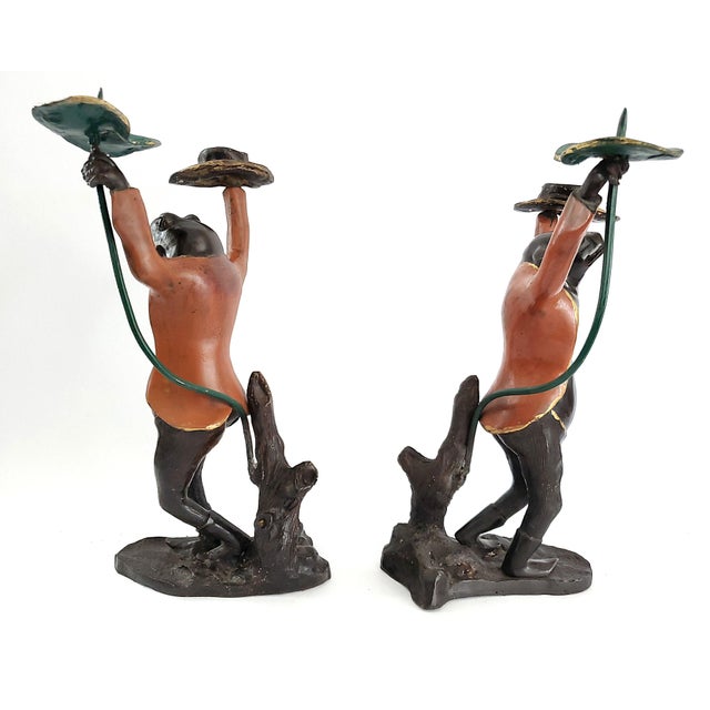 Large Antique Painted Bronze Frog Candlesticks Pair For Sale - Image 11 of 17