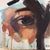 This oil painting captures a close-up of an expressive eye, partially obscured by abstract shapes and brushstrokes that...