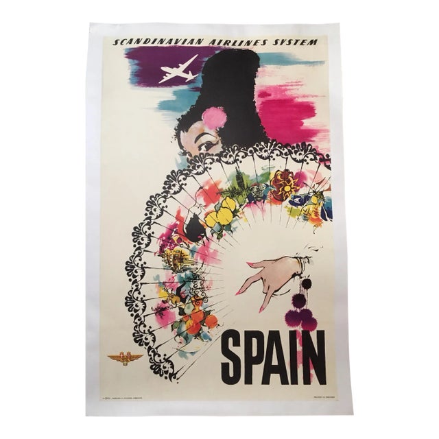 Vintage Mid-Century "Spain" Otto Neilsen for Sas Linen-Mounted Travel Poster For Sale