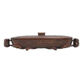 Maori New Zealand Carved Wood Oval Lidded Treasure Box With Abalone Shell For Sale