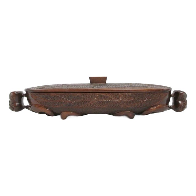 Maori New Zealand Carved Wood Oval Lidded Treasure Box With Abalone Shell For Sale