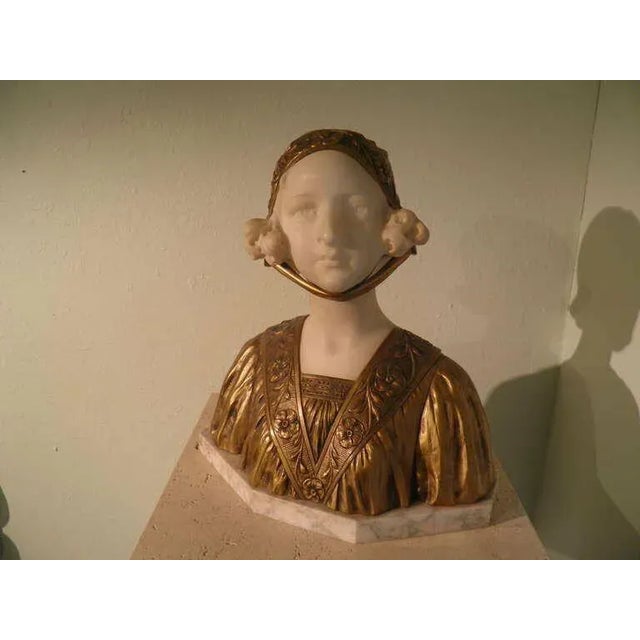 Late 19th Century Circa 1890 Royal Portrait Marble Gilt Bronze Bust of Dutch Queen Wilhelmina of the Netherlands - Sig For Sale - Image 5 of 9