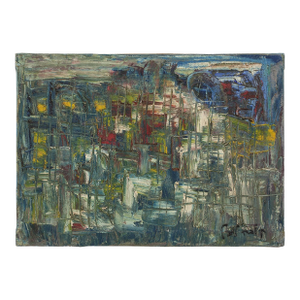 Yaakov Loebel, Israeli Cityscape Abstract Expressionist Oil Painting Yaacov Kuba Leibel