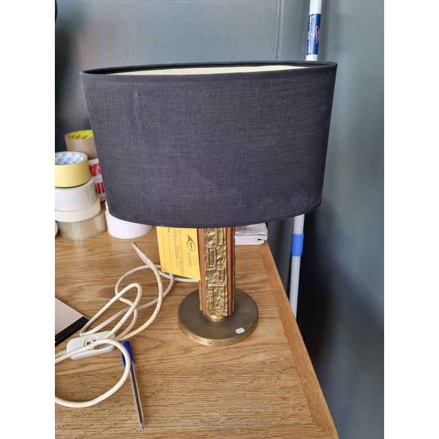Vintage Short Table lamp with Blue shade, wood and brass accents Shade France 1960