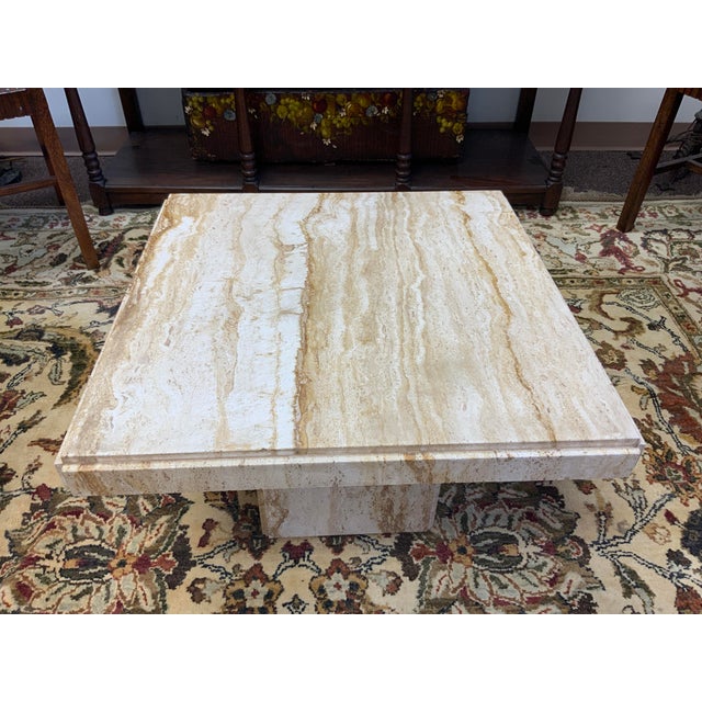 20th century Travertine side table. To-part construction top lifts off base. Made in Italy, lovely tan and taupe stone...