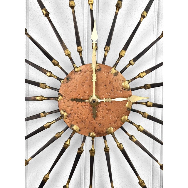 Vintage Brutalist Copper & Brass Spike Nail Sunburst Wall Clock - 24" For Sale - Image 4 of 6