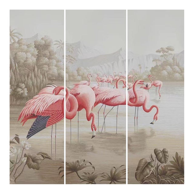 36" * H96" * 3ps, Neoclassical Hand-Painted Flamingo Colony Tropical Wetland Mural For Sale