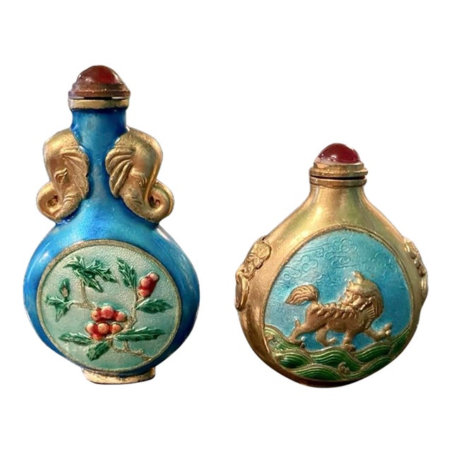 Antique Chinese Enamel Metal Snuff Bottles- Set of 2 For Sale