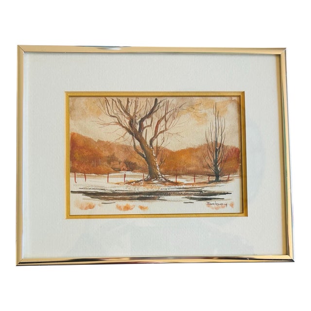 Vintage Mid Century Modern Small Landscape Watercolor Painting For Sale