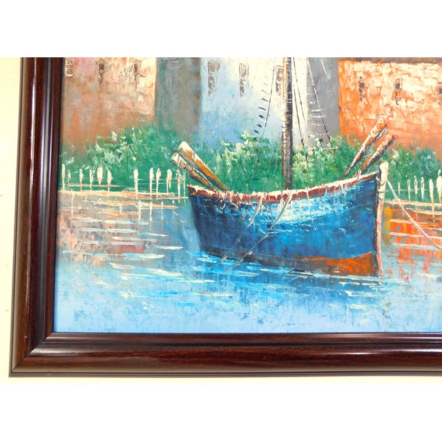 Blue Mid Century Original "Kent" Nautical Boat Seascape Oil on Canvas Framed Painting For Sale - Image 8 of 11