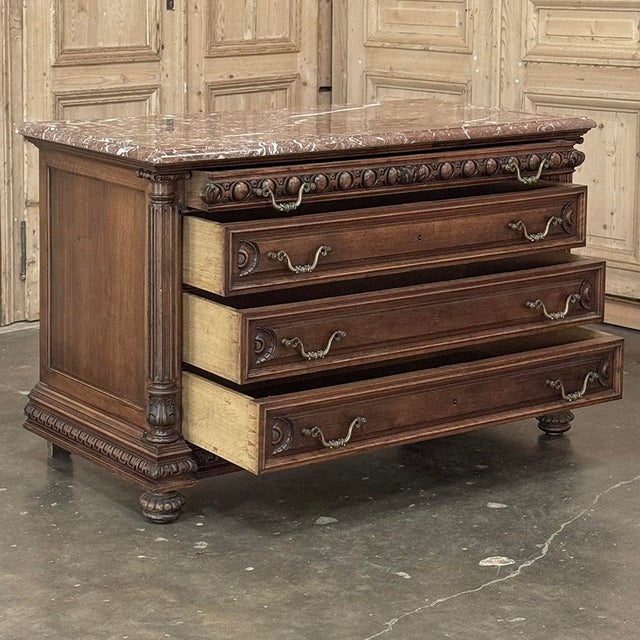 19th Century French Henry II Neoclassical Walnut Commode With Rouge Marble For Sale - Image 14 of 18