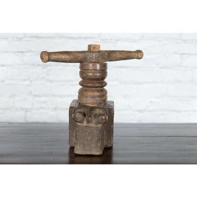 19th Century Antique Indian Wooden Hand Noodle Grinder with Carved Ram and Vice Press For Sale - Image 5 of 10