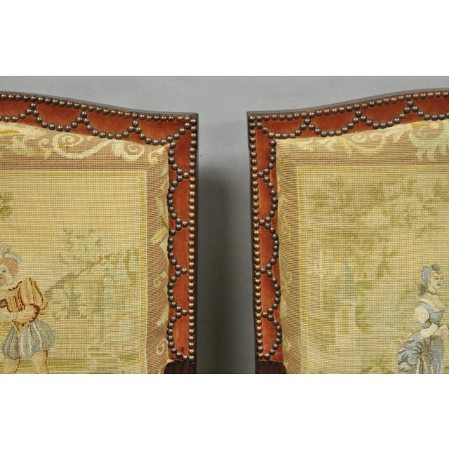 Antique French Louis XIV Style Needlepoint Tapestry Carved Walnut Arm Chair Pair For Sale - Image 13 of 18
