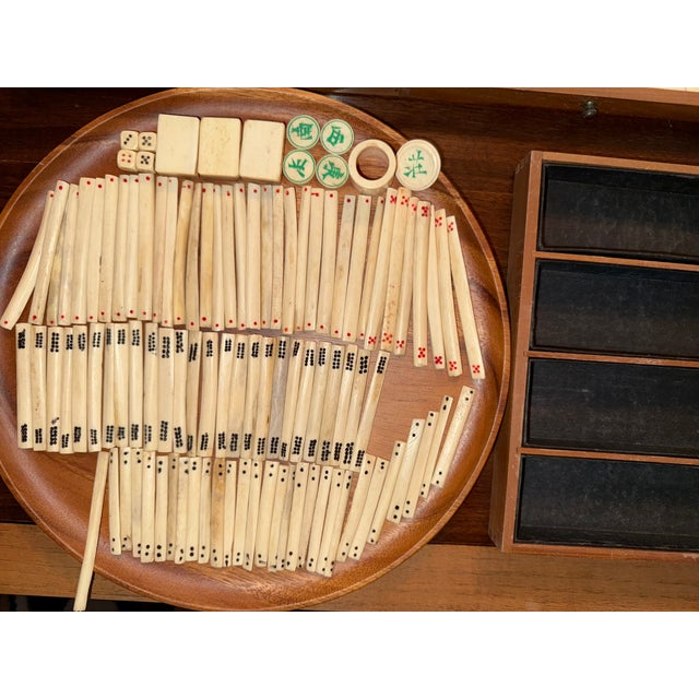 Wood Beautiful Antique Chinese Mahjong Game Set in Stunning Dovetailed Wood, Leather & Brass Case For Sale - Image 7 of 18