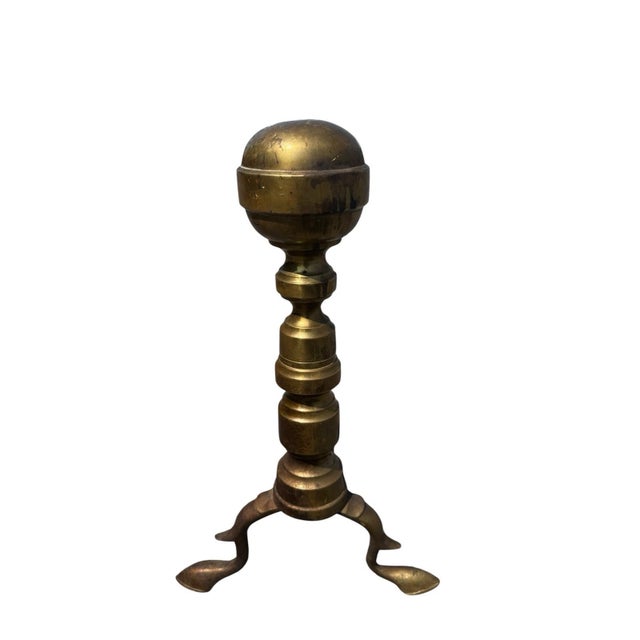 Brass Antique Brass Ball Finial Fireplace Andirons Fire Dogs Pair Early 1900s For Sale - Image 8 of 18