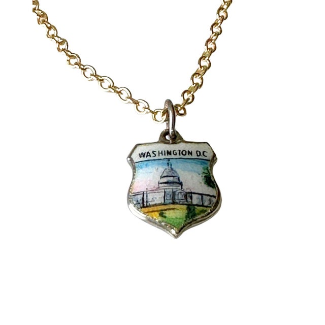 DC Washington Vintage Fritz Reu Sterling Silver Enamel Charm on New 18 Inch Gold Filled Necklace For Sale - Image 4 of 5