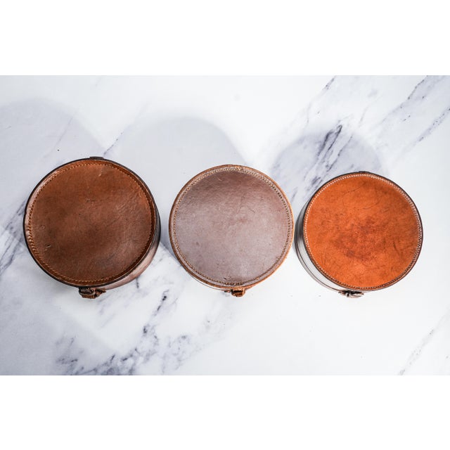 Brown Set of 3, Collection of Round Antique Leather Collar Storage Boxes For Sale - Image 8 of 8