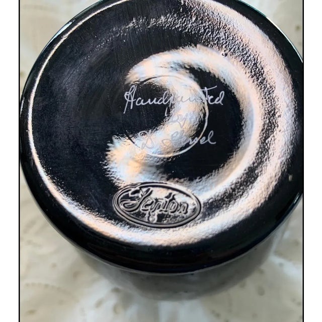 Vintage Fenton Glass Urn Shaped Vase Black With Painted Flower Decor Signed For Sale In Madison - Image 6 of 6