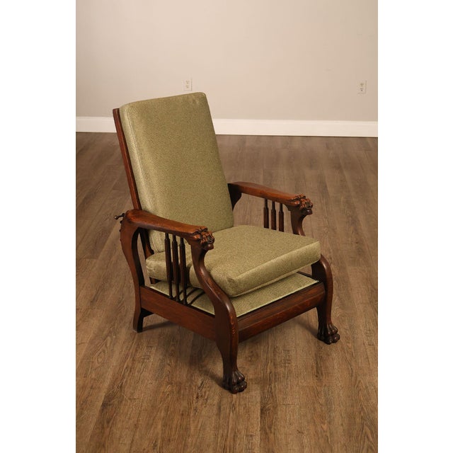 High Quality American Made Antique Victorian Oak Morris Reclining Chair With Adjustable Ladder Back And New Upholstered...