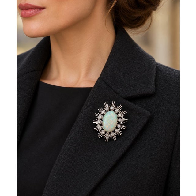 Mid 20th Century 1960s 18 Karat White Gold 10 Carat Fine White Opal and Diamond Pin/ Pendant For Sale - Image 5 of 5