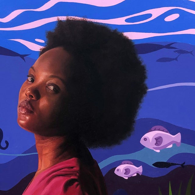 Contemporary Portrait of a Lady in Search of Her Goldfish by Daniel Sowemimo | Oil on canvas woman with goldfish underwater For Sale - Image 3 of 5