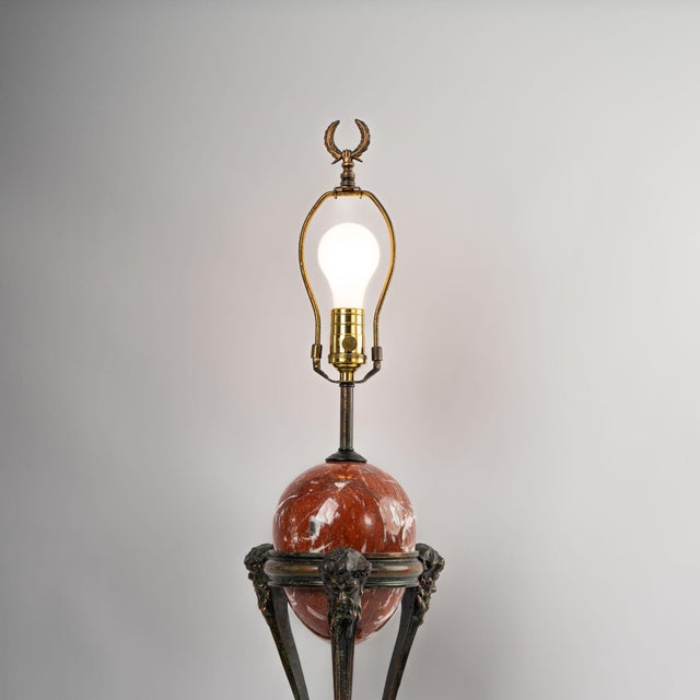 1970s Vintage Neoclassical Athénienne Table Lamp With Red Marble Orb & Pleated Shade For Sale - Image 5 of 17