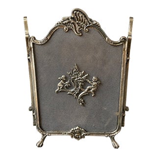 Antique French Style Three Panel Silver Cherubs Decor Metal Fireplace Screen For Sale