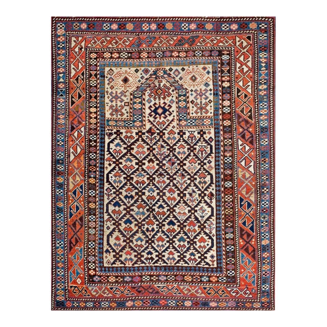1890s Ivory Geometric Tribal Antique Caucasus Rug 4'0" X 5'0" Handknotted Wool Carpet For Sale