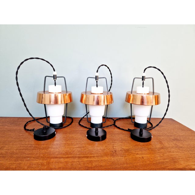 Scandinavian Pendant Lights in White Opaline and Copper Metal, 1960s, Set of 3 For Sale - Image 18 of 18