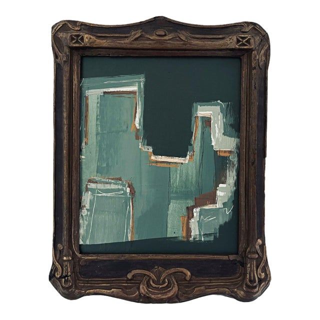 “Cabin Fern" Green Abstract Art in Antique Frame, Transitional Living Room Art by JTS For Sale