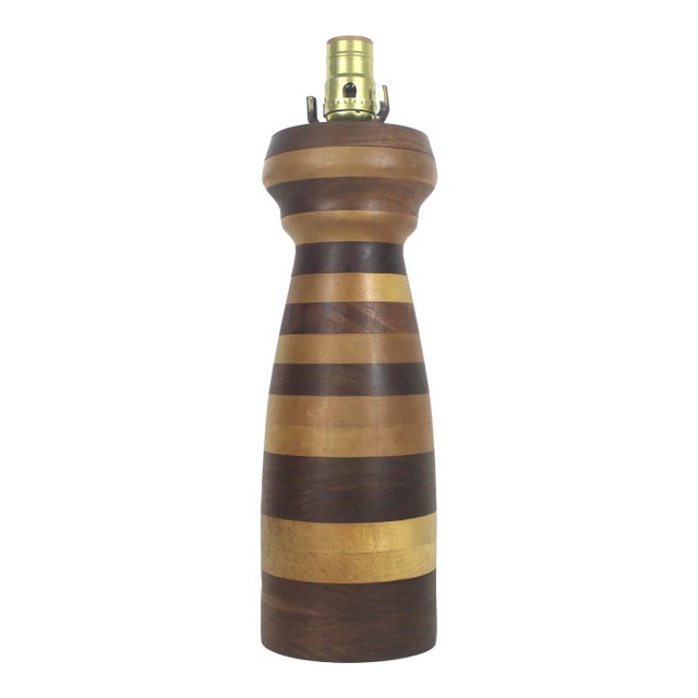 Vintage Stacked Turned Wood Marquetry Table Lamp For Sale