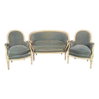Antique French Louis XVI Painted Carved Loveseat and Pair of Bergeres -Set of 3 For Sale