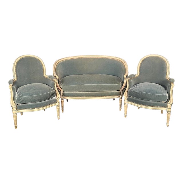 Antique French Louis XVI Painted Carved Loveseat and Pair of Bergeres -Set of 3 For Sale