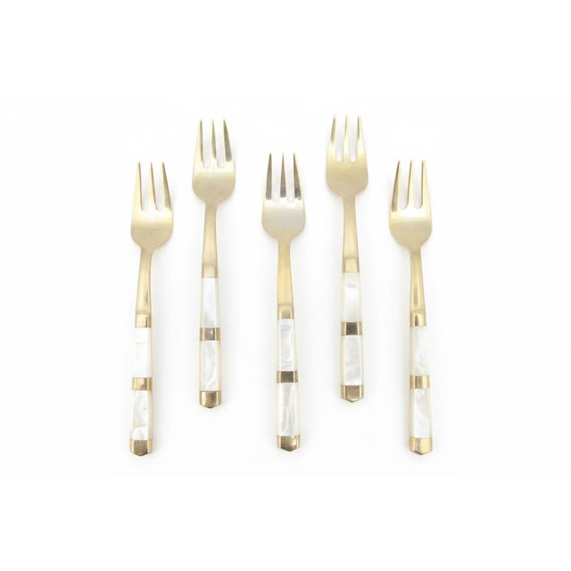 Mid 20th Century Mother of Pearl & Brass Thailand Flatware Small Spoon Fork & Knife Set of 15 For Sale - Image 5 of 9