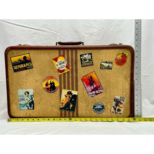 Vintage 1940s Travel Size Tweed Suitcase With Nice Assortment of World Grand Tour Locations Paper Labels For Sale - Image 18 of 18