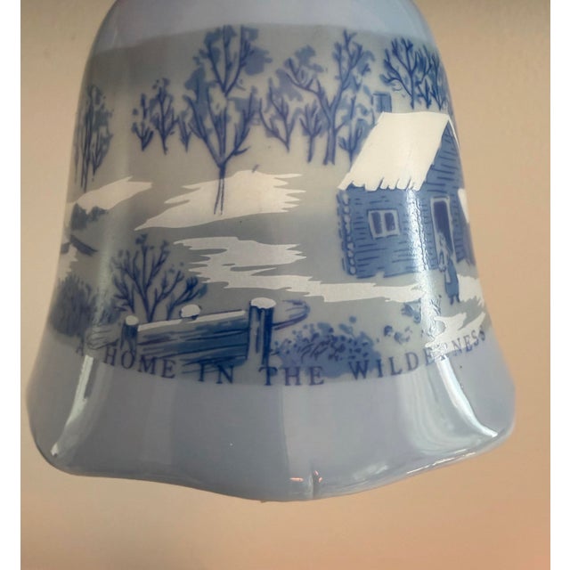 Vintage Currier & Ives “Home in the Wilderness” Blue & White Porcelain Bell With Gold Accents For Sale - Image 4 of 11