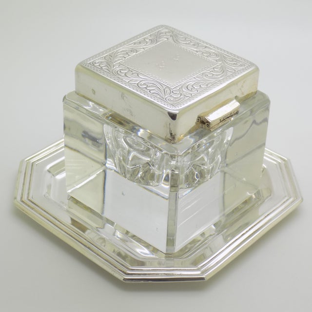 Vintage Italian Handmade Genuine Silver Inkwell in Glass and Silver with Tray from Prato Tuscany, 1970s For Sale - Image 13 of 18