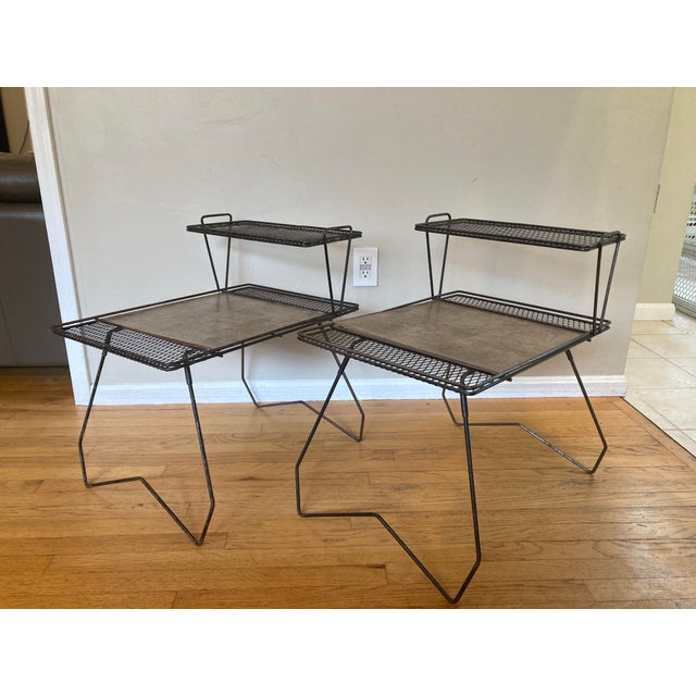 Mid-Century Modern Mid 20th Century Vintage Wrought Iron Tiered End Tables Pair Metal Mesh - Salterini, Diamond, Galef Style Mid Century For Sale - Image 3 of 12