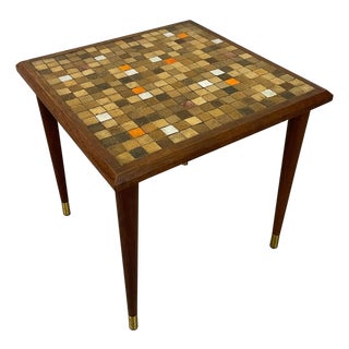 1960s Square Walnut & Tile Top Side Table For Sale