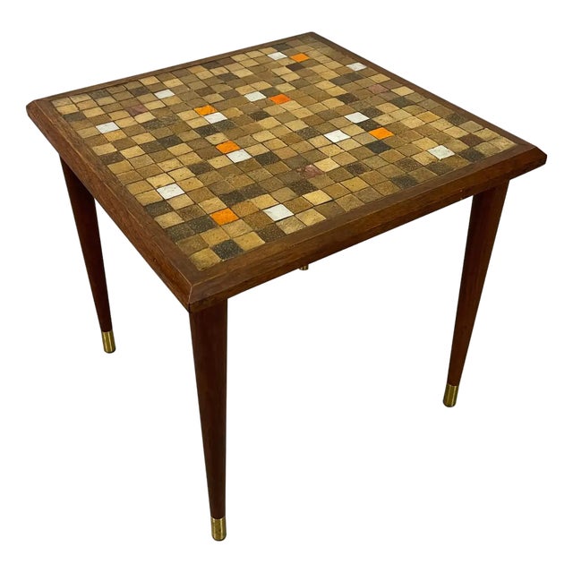 1960s Square Walnut & Tile Top Side Table For Sale